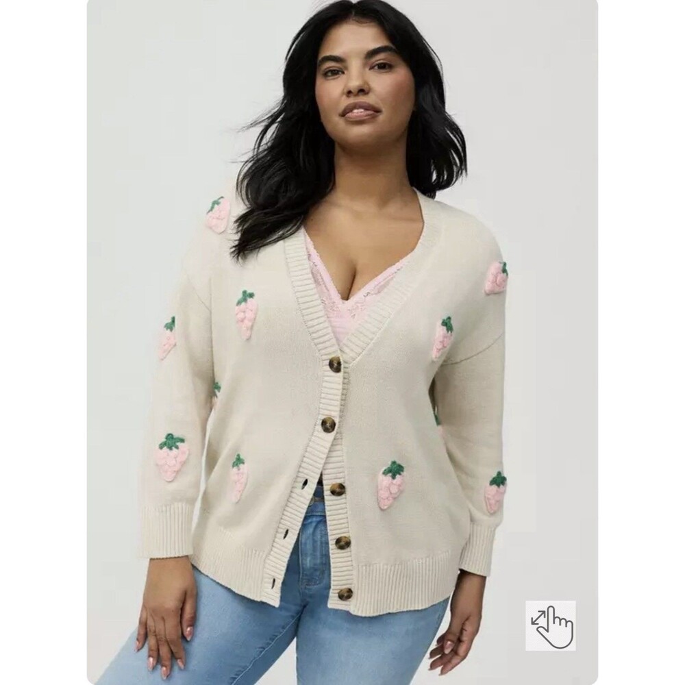 Torrid V-Neck Drop Shoulder Cardigan Birch Raised Strawberries Cottage 1X